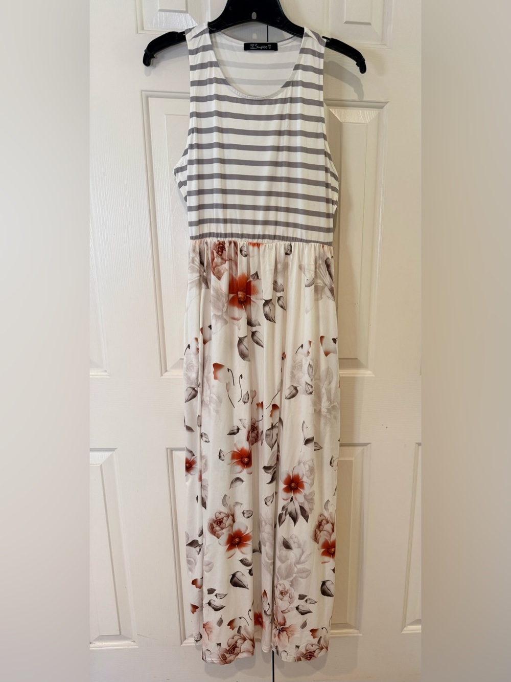 Simplee Apparel Cream Maxi Dress with Gray Stripes and Orange Floral